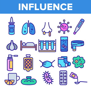 Influenza Linear Vector Icons Set. Influenza Thin Line Contour Symbols Pack. Common Cold, Runny Nose Pictograms Collection. Virus, Epidemic. Disease, Sickness Medical Treatment Outline Illustrations