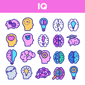 IQ, Intellect Linear Vector Icons Set. Intelligence Coefficient, IQ Thin Line Contour Symbols. Brain Power Pictograms Collection. Genius, Brainstorm. Lightbulb, Human Head Outline Illustrations