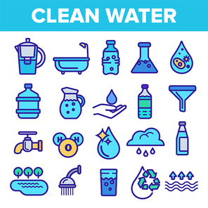 Clean Water Line Icon Set Vector. Nature Care. Drop Fresh Clean Water. Drink Eco Icon. Thin Outline Illustration