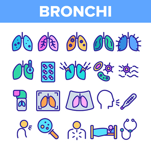 Bronchitis, Allergic Asthma Symptoms Vector Linear Icons Set. Bronchi, Respiratory Disease. Lungs, Human Internal Organs Outline Symbols Pack. Cough Treatment Isolated Contour Illustrations