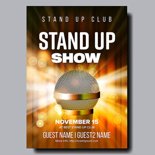Poster Of Best Stand Up Night Show In Club Vector. Modern Golden Microphone, Yellow Curtain And Light Bubbles Due Spotlight On Poster With Information Text. Amusing Concert Realistic 3d Illustration