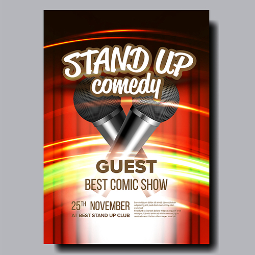 Advertising Poster Of Comedy Show In Club Vector. Modern Microphones, Speed Movement Lights And Red Curtain On Background With Calligraphy Text Poster. Comical Live Concert Realistic 3d Illustration