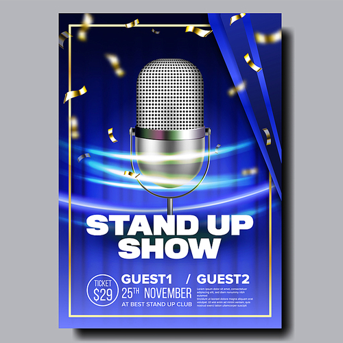 Bright Banner Of Stand Up Show In Club Vector. Silver Vintage Microphone, Speed Movement Lights And Golden Confetti On Blue Curtain Background Styling Banner. Amusing Concert Realistic 3d Illustration