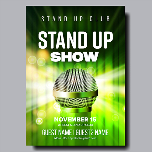 Stylish Poster Of Stand Up Show In Club Vector. Chrome Microphone, Green Curtain And Light Bubbles Due Spotlight On Poster With Information Artists Name. Humorous Concert Realistic 3d Illustration