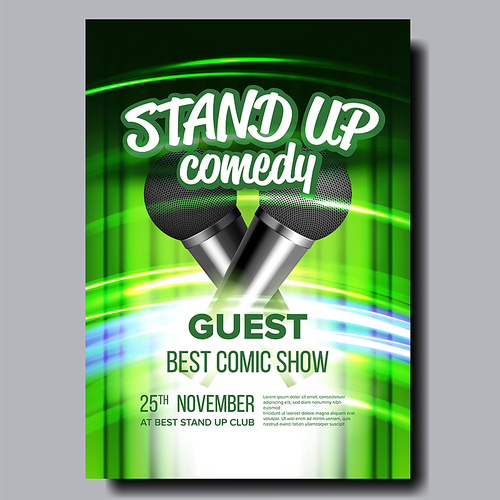 Advertising Poster Of Stand Up Show In Club Vector. Wireless Microphones, Speed Movement Lights And Green Curtain On Background Decoration Poster. Humor Concert Banner Realistic 3d Illustration