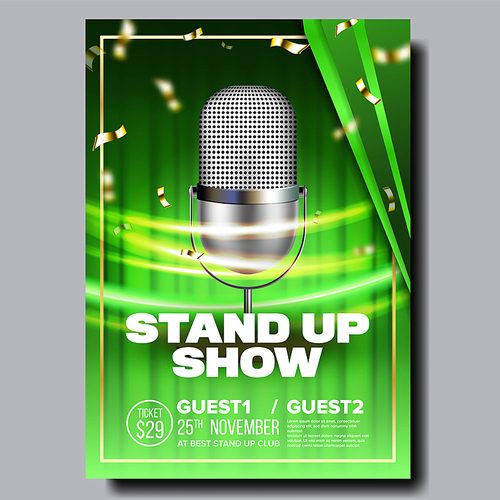 Bright Poster Of Stand Up Show In Club Vector. Silver Metal Microphone, Speed Movement Lights And Golden Confetti On Green Curtain Background Modern Poster. Humor Concert Realistic 3d Illustration