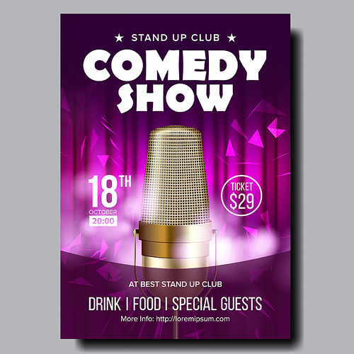 Bright Banner Of Evening Comedy Live Show Vector. Studio Closeup Golden Microphone, Decoration Purple Curtain On Background Stylish Banner. Comical Leisure Time In Club Realistic 3d Illustration