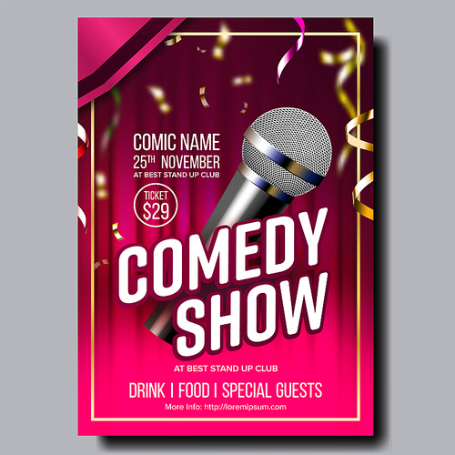 Modern Bright Poster Card Of Comedy Show Vector. Microphone, Golden Confetti, Red Curtain On Background And Entertainment Depicted On Comedy Performance Banner. Realistic 3d Illustration