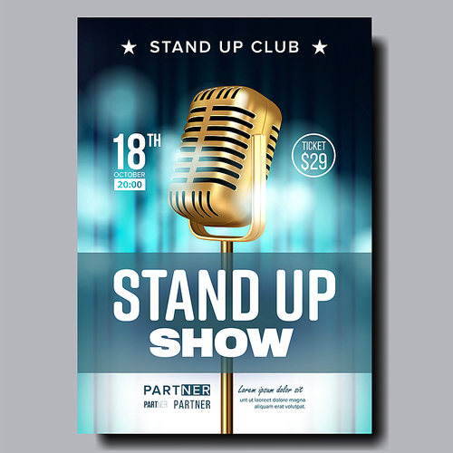 Poster Announcement Of Night Stand Up Show Vector. Vintage Gold Microphone, Turquoise Color Curtain On Background Banner With Date, Ticket Price And Place Of Humor Show. Realistic 3d Illustration