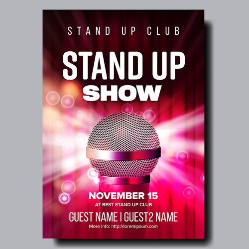 Colorful Poster Of Best Stand Up Club Show Vector. Modern Microphone, Red Curtain And Light Bubbles Due Spotlight On Poster With Text Information. Humor Concert Realistic 3d Illustration