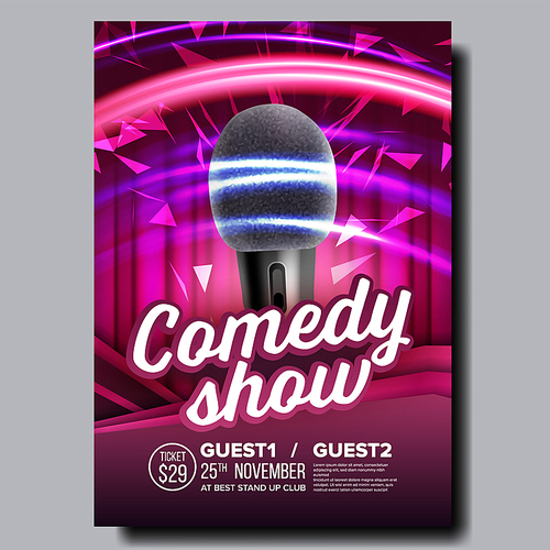 Promotional Poster Of Night Stand Up Show Vector. Modern Microphone With Pop Filter, Speed Movement Lights And Purple Curtain On Background Modern Poster. Realistic 3d Illustration