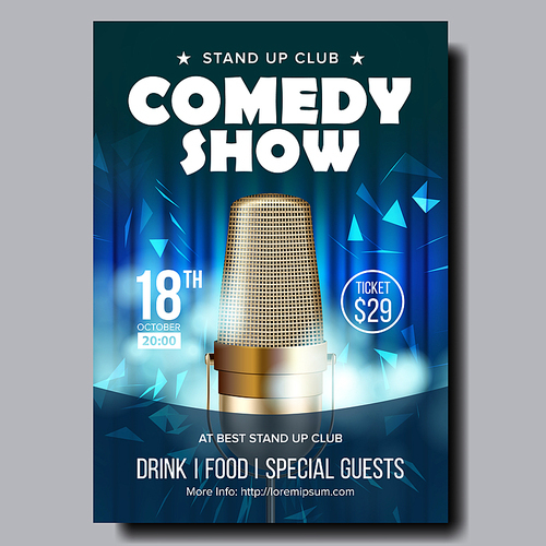 Stylish Banner Of Evening Comedy Live Show Vector. Studio Closeup Golden Microphone, Blue Curtain And Decoration Color Confetti On Retro Banner. Comical Leisure Time In Club Realistic 3d Illustration