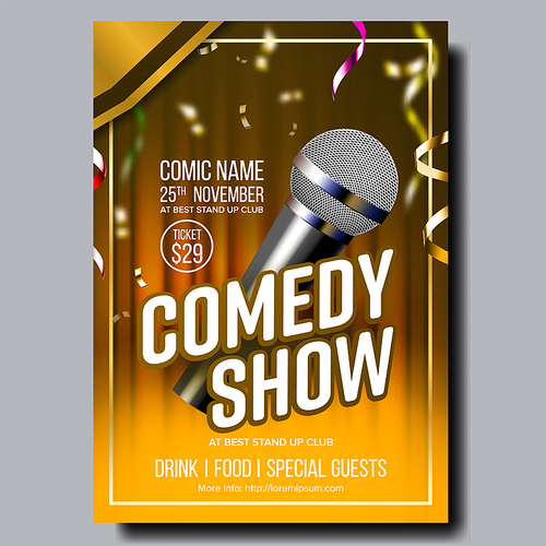 Modern Stylish Poster Card Of Comedy Show Vector. Microphone, Confetti, Yellow Curtain And Calligraphy Text Of Entertainment Depicted On Funny Comedy Performance Banner. Realistic 3d Illustration