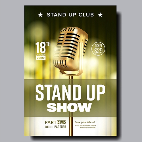 Stand Up Show In Club Poster Announcement Vector. Vintage Golden Microphone, Yellow Color Curtain Banner With Date, Ticket Price, Partner Information And Place Of Humor Show. Realistic 3d Illustration