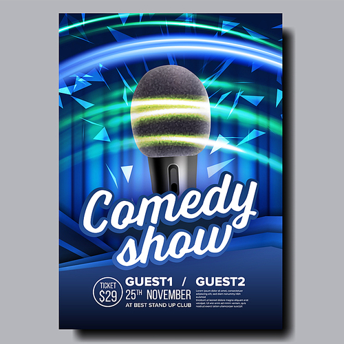 Promotional Banner Of Night Stand Up Show Vector. Radio Microphone With Pop Filter, Speed Movement Lights, Blue Curtain And Calligraphy Text On Modern Banner. Realistic 3d Illustration