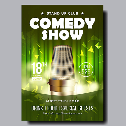 Retro Poster Of Evening Comedy Live Show Vector. Studio Metal Golden Microphone, Green Curtain And Decoration Bright Confetti On Superior Poster. Humorous Leisure Time Club Realistic 3d Illustration