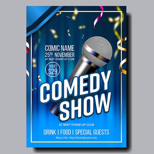 Modern Stylish Poster Flyer Of Comedy Show Vector. Microphone, Bright Confetti, Blue Curtain And Info Text Of Date, Ticket Price And Place On Funny Comedy Performance Banner. Realistic 3d Illustration