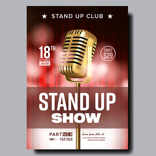 Stand Up Show In Night Club Poster Flyer Vector. Metal Golden Microphone, Red Curtain Banner With Date And Time, Ticket Price, Partner Information And Place Of Amusing Show. Realistic 3d Illustration