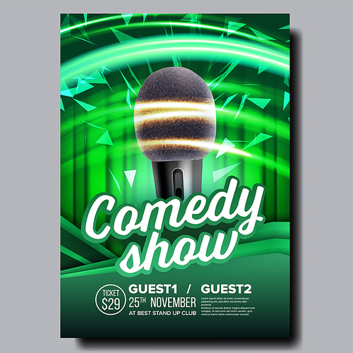 Promotional Banner Flyer Of Stand Up Show Vector. Wireless Microphone With Pop Filter, Speed Movement Lights, Green Cartain And Info Place And Time Text On Bright Banner. Realistic 3d Illustration