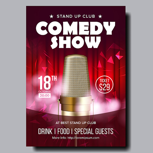 Retro Banner Of Evening Comedy Live Show Vector. Studio Vintage Golden Microphone, Red Curtain And Decoration Design Confetti On Beautiful Banner. Humor Leisure Time In Club Realistic 3d Illustration