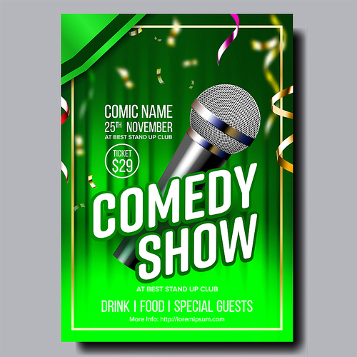 Modern Stylish Banner Flyer Of Comedy Show Vector. Microphone, Multicolored Confetti, Green Curtain And Info Text Of Time, Ticket Price And Comic Name On Comedy Banner. Realistic 3d Illustration