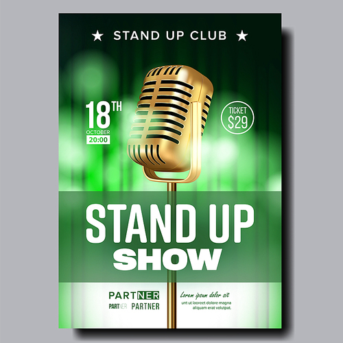 Colorful Poster Flyer Of Stand Up Show Club Vector. Vintage Golden Microphone, Green Curtain Stylish Banner Template With Ticket Price And Place Information Of Comical Show. Realistic 3d Illustration