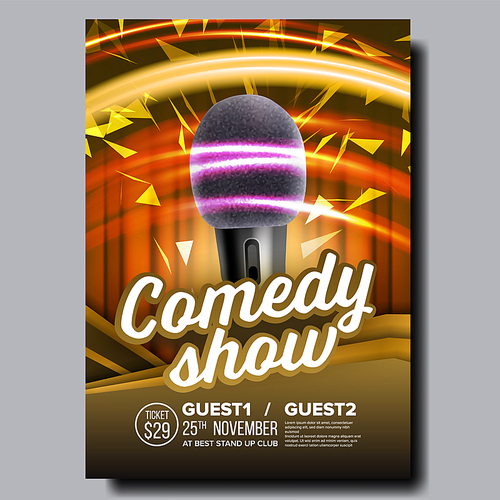 Promotional Poster Flyer Of Stand Up Show Vector. Closeup Modern Microphone With Pop Filter, Speed Movement Lights, Yellow Curtain And Colorful Bright Confetti. Realistic 3d Illustration