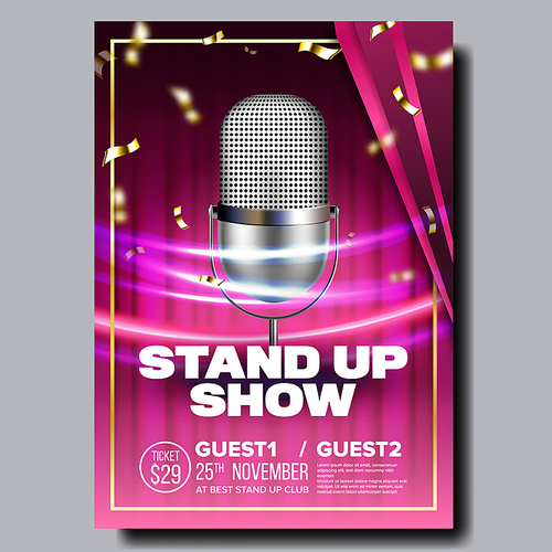 Advertising Card Banner On Stand Up Show Vector. Radio Microphone, Speed Movement Lights And Golden Confetti On Violet Curtain Background Design Banner. Humorous Concert Realistic 3d Illustration