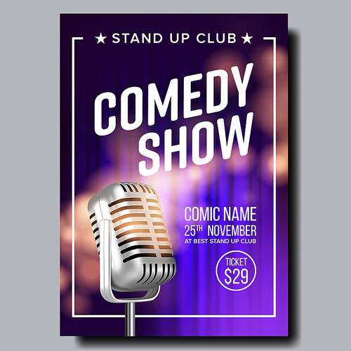 Poster Invitation To Comedy Show In Club Vector. Old Metal Microphone Violet Curtain On Background Banner With Date, Ticket Price And Place Of Show. Retro Style Realistic 3d Illustration