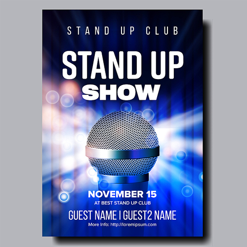 Colorful Poster Of Best Stand Up Night Show Vector. Modern Microphone, Blue Curtain And Light Bubbles Due Spotlight On Style Poster Template With Text. Comical Concert Realistic 3d Illustration