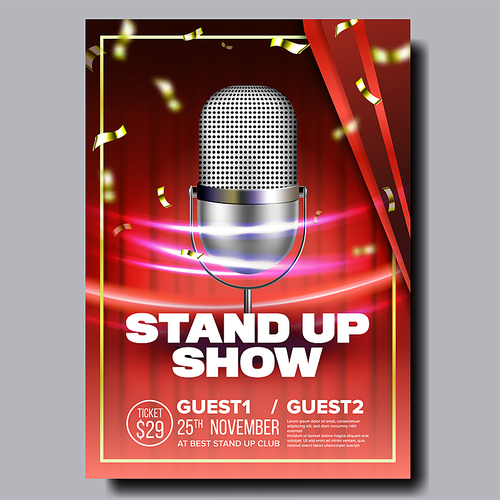 Advertising Flyer Banner On Stand Up Show Vector. Silver Old Microphone, Speed Movement Lights And Golden Confetti On Red Curtain Background Design Banner. Comical Concert Realistic 3d Illustration