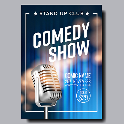 Banner Invitation To Comedy Show In Club Vector. Old Radio Microphone, Blue Curtain On Background Poster With Date, Ticket Price And Place Of Humor Show. Comical Concert Realistic 3d Illustration