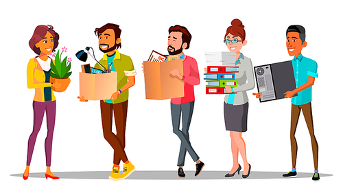 Moving, Relocation, Colleagues Changing Office Vector Characters. Workplace Relocation. New Workers Holding Cardboard Boxes Isolated Cliparts Set. Employees Carrying Belongings Flat Illustration