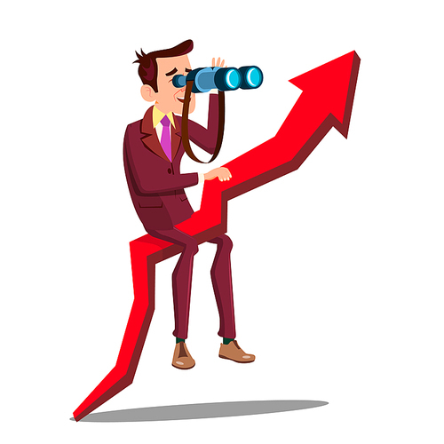 Business Analyst, Businessman, Marketer Vector Cartoon Character. Analyst Sitting On Graph Arrow, Looking In Binocular. Business Forecasting, Stock Market Analytics, Visionary Flat Illustration