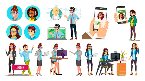 Dispatchers, Client Support Team Vector Characters Set. Male, Female Dispatchers Using Professional Equipment. Operators, Sales Managers Wearing Headset. Call Center Workers Flat Illustration