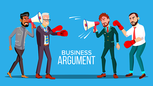 Business Argument Web Banner Cartoon Vector Template. Politicians, Opponents Shouting In Megaphone, Boxing. Marketing Campaign, Announcement. Debating, Discussion, Market Competition Flat Illustration