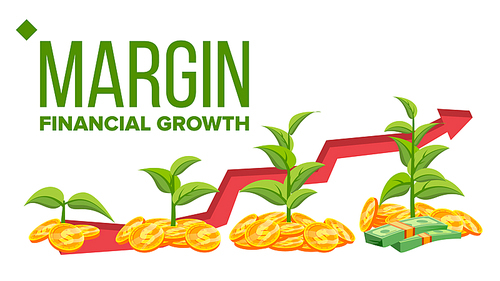 Margin, Financial Growth Vector Web Banner Template. Margin Profit, Income. Diagram, Chart, Graph Arrow. Saplings, Money, Coins Isolated Clipart Banking Business Analysis Flat Illustration
