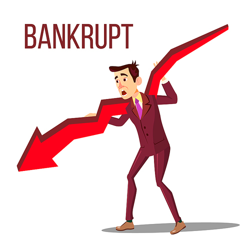 Character Bankrupt Man Hold On Red Arrow Vector. Bankrupt Businessman With Symbol Of Bankruptcy And Failure, Crisis And Financial Losses On Stock Exchange Market. Flat Cartoon Illustration