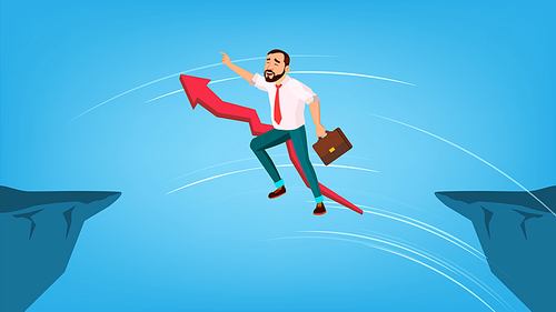 Businessman Jump Through Gap Between Cliff Vector. Red Arrow Sign Behind Character Man With Case Running And Overleap Gap. Business Risk And Success. Symbol Of Courage Flat Cartoon Illustration