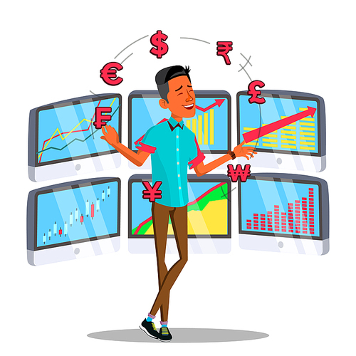 Character Online Trader Juggles Currency Vector. Successful Happy Young Businessman Trader. Stock Exchange Binary Option Network Trading Finance Instrument Market Isolated. Flat Cartoon Illustration