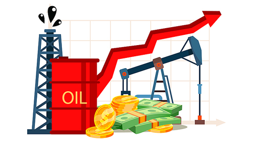 Petroleum Cost Inflation, Oil Industry Vector Banner. Price Inflation, Increase Graph. Stock Market Growth, Rising Dollar Value. Financial Literacy. Petrol Refinery, Production Flat Illustration