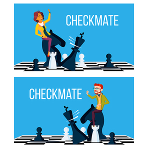 Checkmate Concept Vector. Business Man And Woman Make Checkmate On Board. Victory. Illustration