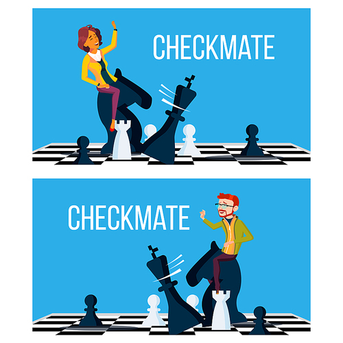 Checkmate Concept Vector. Business Man And Woman Make Checkmate On Board. Victory. Illustration