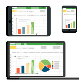 Spreadsheet Table On Tablet, Smartphone Vector Screen Set. Spreadsheet With Infographics, Pie Chart, Diagram. Data Analysis, Analytics, Statistics. Commerce Conversion, Accounting Flat Illustration