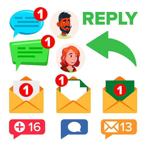 Social Media Networks Message, Vector Icons Set. Income, Send Message, E-Mail, Reply , Likes, Feedbacks Cartoon Symbols Pack. Internet Communication. Online Group Chatting Flat Illustration