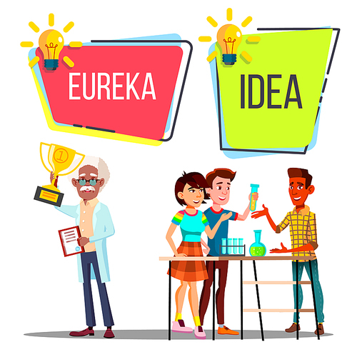 Characters Have Scientific Idea And Eureka Vector. Teenagers With Chemical Equipment On Table Made Scientific Discovery And Professor Academic Gets Award Cup And Diploma. Flat Cartoon Illustration