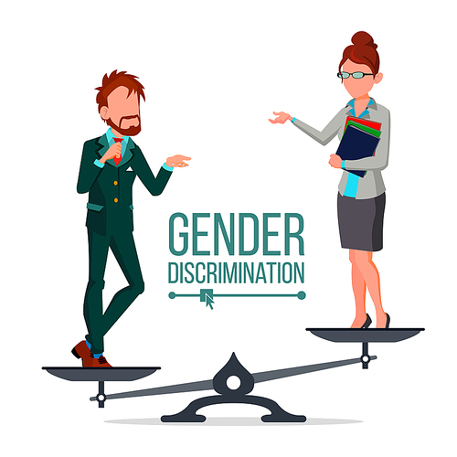 Gender Discrimination And Human Comparison Vector. Male And Female Standing On Judicial Scales Symbol Of Discrimination. Differences Between Man And Woman Flat Cartoon Illustration