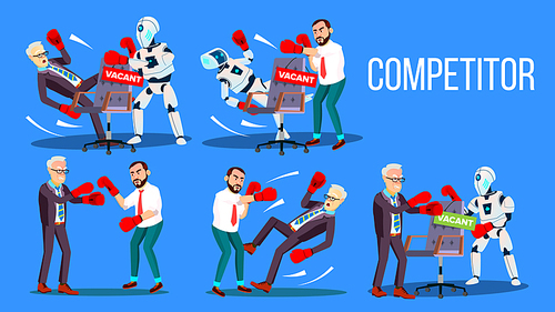 Competitor Of Work Vacancy Position Set Vector. Character Man Fighting With Robot For Vacant Position Chair In Company. Business Battle Competition Colorful Flat Cartoon Illustration
