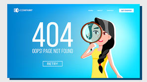 Oops Page Not Found 404 Error Landing Page Vector. Character Female Looking Through Magnifying Glass Creative Design Concept Of Failure Website Or Web Page. Flat Cartoon Illustration