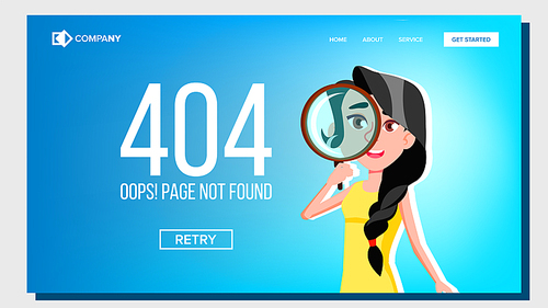 Oops Page Not Found 404 Error Landing Page Vector. Character Female Looking Through Magnifying Glass Creative Design Concept Of Failure Website Or Web Page. Flat Cartoon Illustration